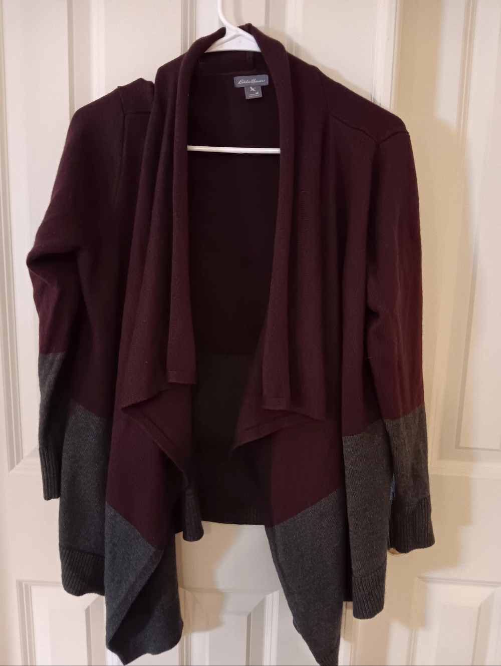 Eddie Bauer Maroon and Gray Draped Open-Front Cardigan